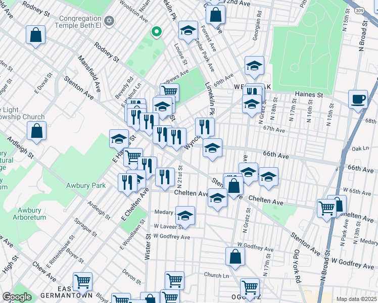 map of restaurants, bars, coffee shops, grocery stores, and more near 6550 North Lambert Street in Philadelphia
