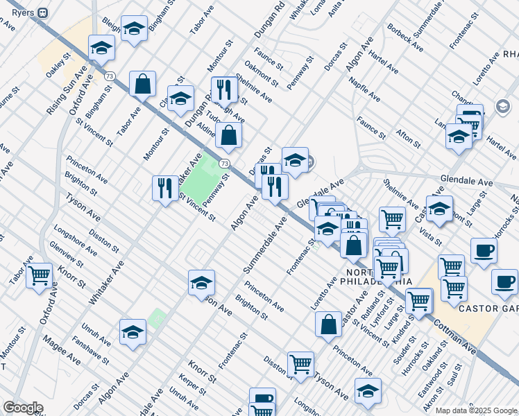 map of restaurants, bars, coffee shops, grocery stores, and more near 1109 Englewood St in Philadelphia