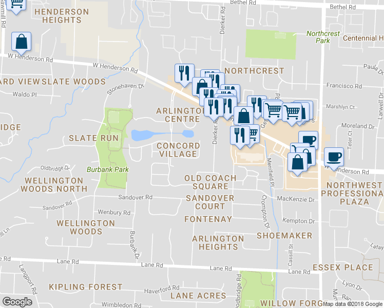 map of restaurants, bars, coffee shops, grocery stores, and more near 2158 Sandston Road in Columbus