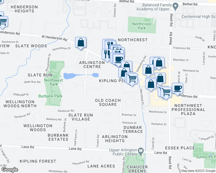 map of restaurants, bars, coffee shops, grocery stores, and more near 4829 Dierker Road in Columbus