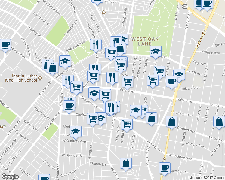 map of restaurants, bars, coffee shops, grocery stores, and more near 6553 North Uber Street in Philadelphia