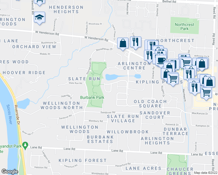 map of restaurants, bars, coffee shops, grocery stores, and more near 4875 Mannboro Drive in Columbus
