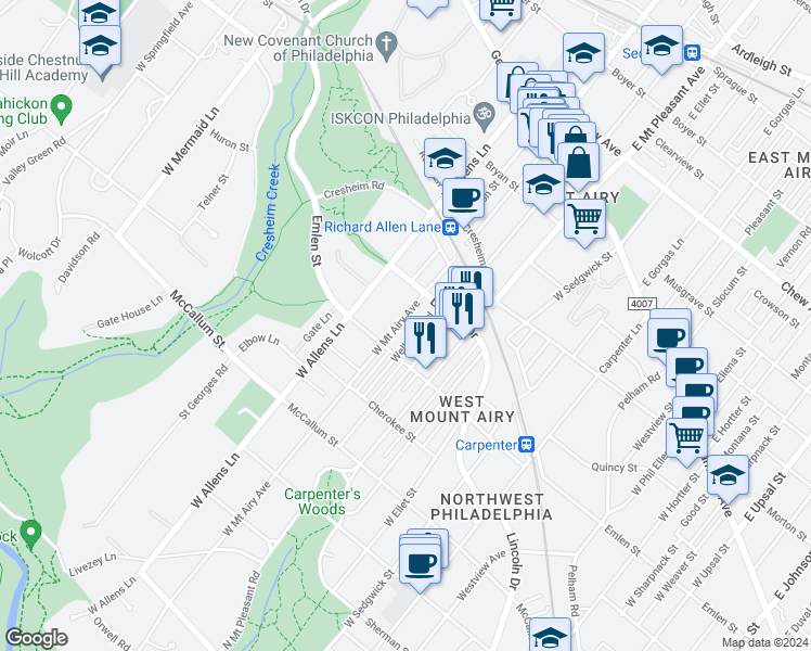 map of restaurants, bars, coffee shops, grocery stores, and more near 350 West Mount Airy Avenue in Philadelphia
