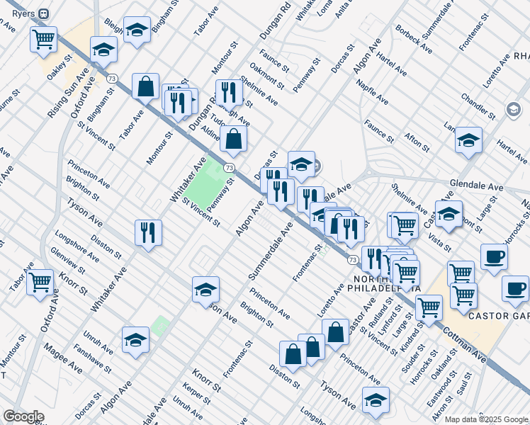 map of restaurants, bars, coffee shops, grocery stores, and more near 1109 Englewood St in Philadelphia