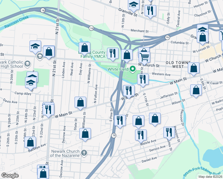 map of restaurants, bars, coffee shops, grocery stores, and more near 47 North Pine Street in Newark