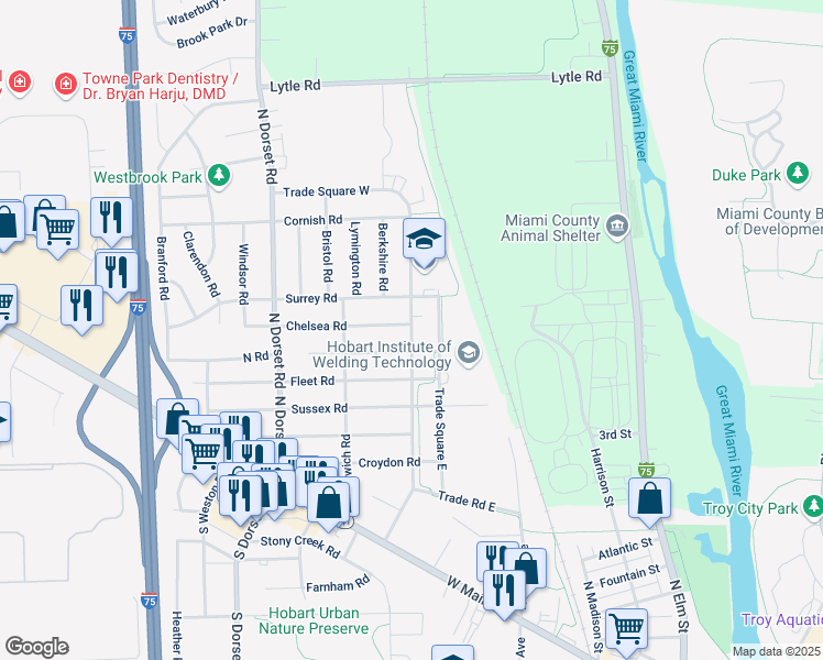 map of restaurants, bars, coffee shops, grocery stores, and more near Trade Square West in Troy