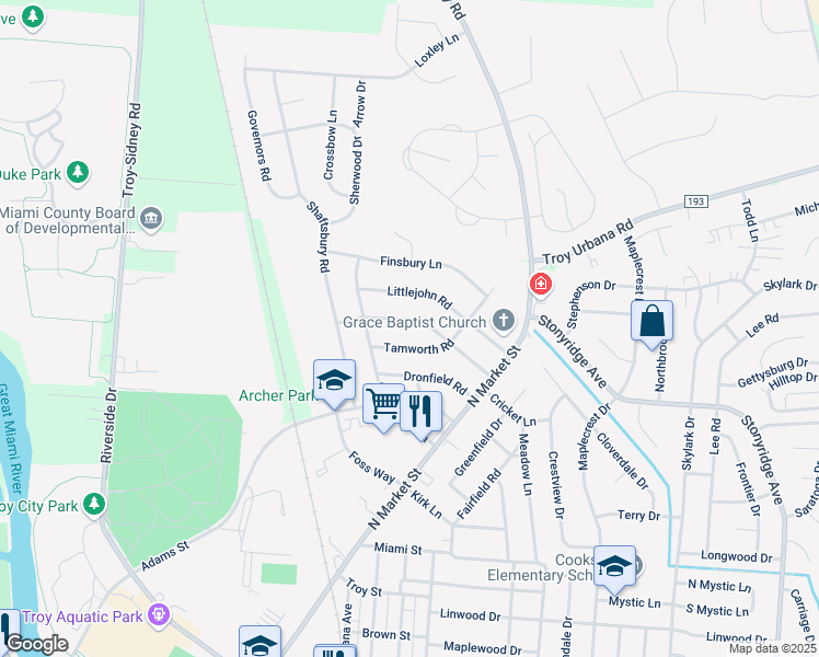 map of restaurants, bars, coffee shops, grocery stores, and more near 148 Merry Robin Road in Troy