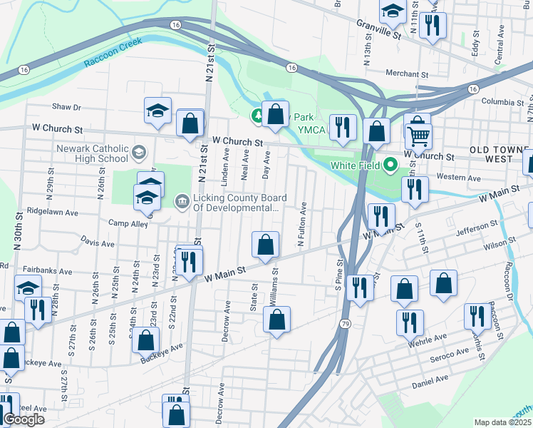 map of restaurants, bars, coffee shops, grocery stores, and more near 112 Day Avenue in Newark