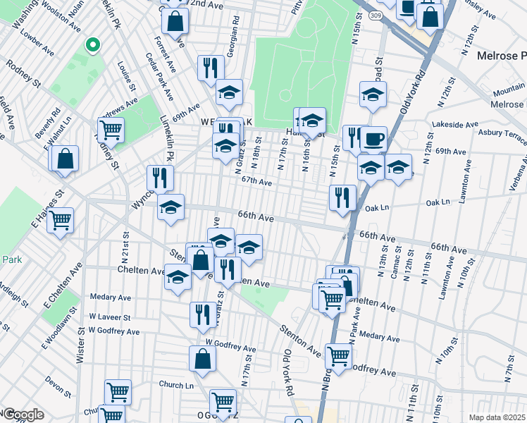 map of restaurants, bars, coffee shops, grocery stores, and more near 6605 North Bouvier Street in Philadelphia