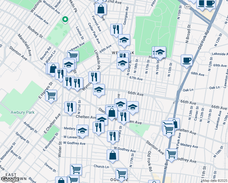 map of restaurants, bars, coffee shops, grocery stores, and more near 6553 North Uber Street in Philadelphia