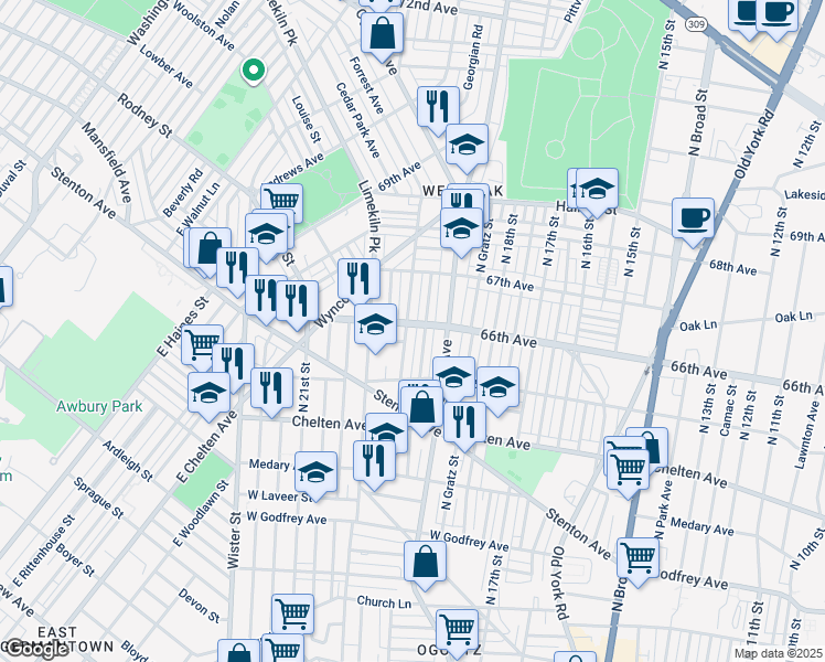 map of restaurants, bars, coffee shops, grocery stores, and more near 6561 North 20th Street in Philadelphia