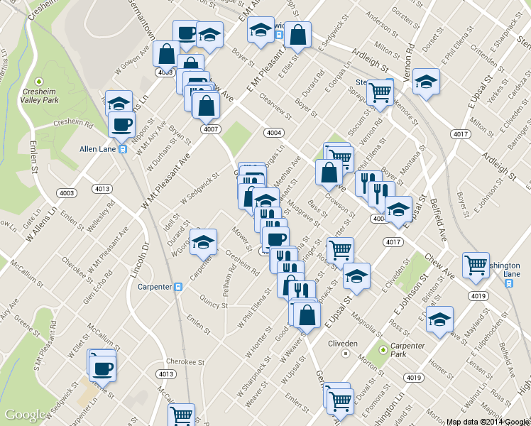 map of restaurants, bars, coffee shops, grocery stores, and more near 9 E Pleasant St in Philadelphia