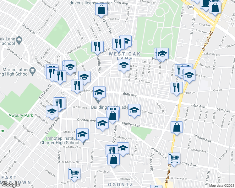 map of restaurants, bars, coffee shops, grocery stores, and more near 6546 Ogontz Avenue in Philadelphia