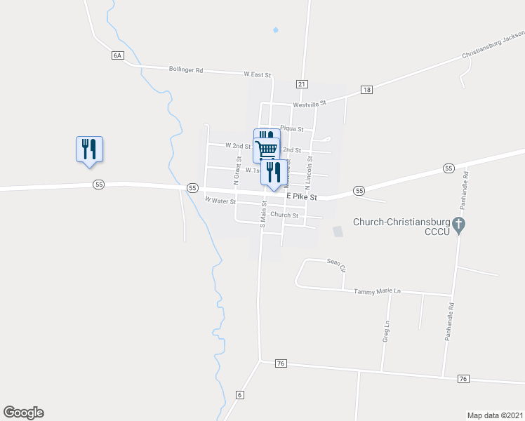 map of restaurants, bars, coffee shops, grocery stores, and more near 11 South Main Street in Casstown