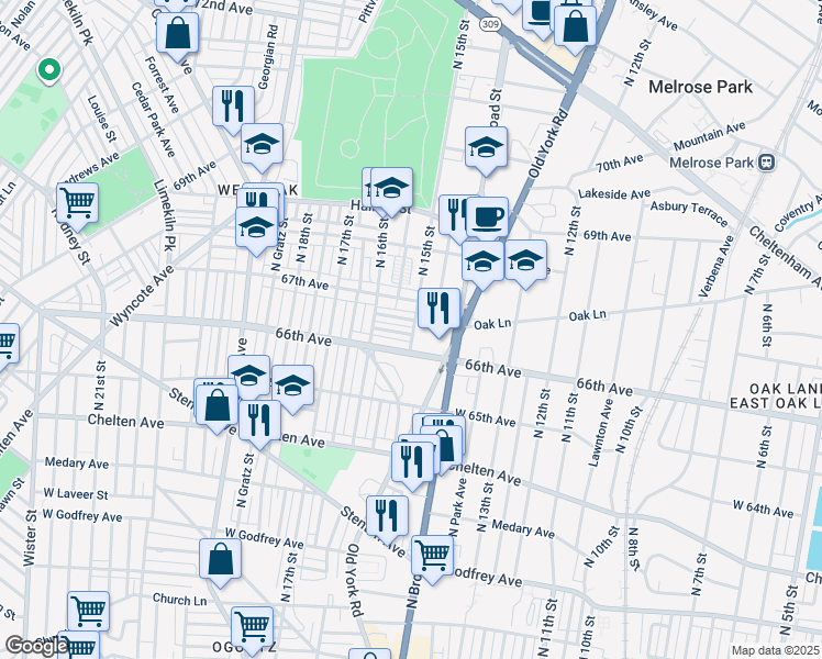 map of restaurants, bars, coffee shops, grocery stores, and more near 1501 Orland Street in Philadelphia