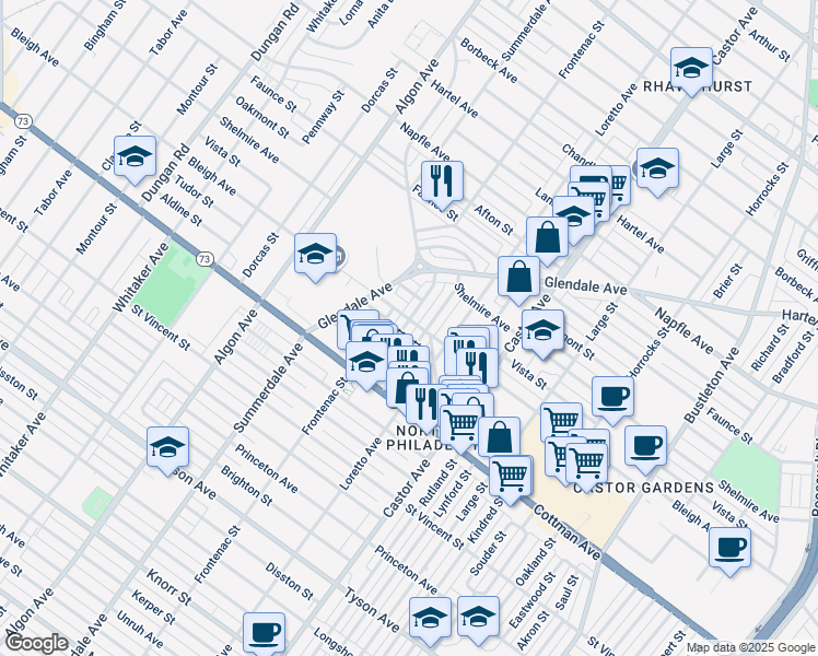 map of restaurants, bars, coffee shops, grocery stores, and more near 7349 Shisler Street in Philadelphia