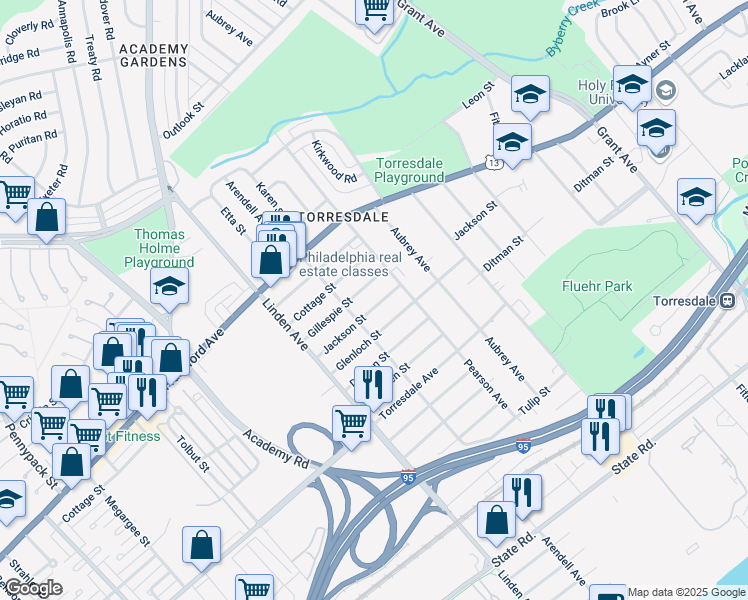 map of restaurants, bars, coffee shops, grocery stores, and more near 9320 Jackson Street in Philadelphia