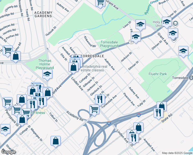 map of restaurants, bars, coffee shops, grocery stores, and more near 9313 Gillespie Street in Philadelphia