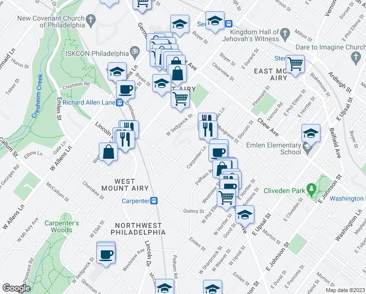 map of restaurants, bars, coffee shops, grocery stores, and more near 107 West Gorgas Lane in Philadelphia