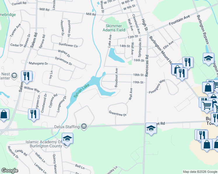map of restaurants, bars, coffee shops, grocery stores, and more near 1915 Sylvan Park Road in Burlington Township
