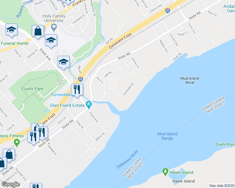 map of restaurants, bars, coffee shops, grocery stores, and more near 445 Old Bridge Road in Bensalem
