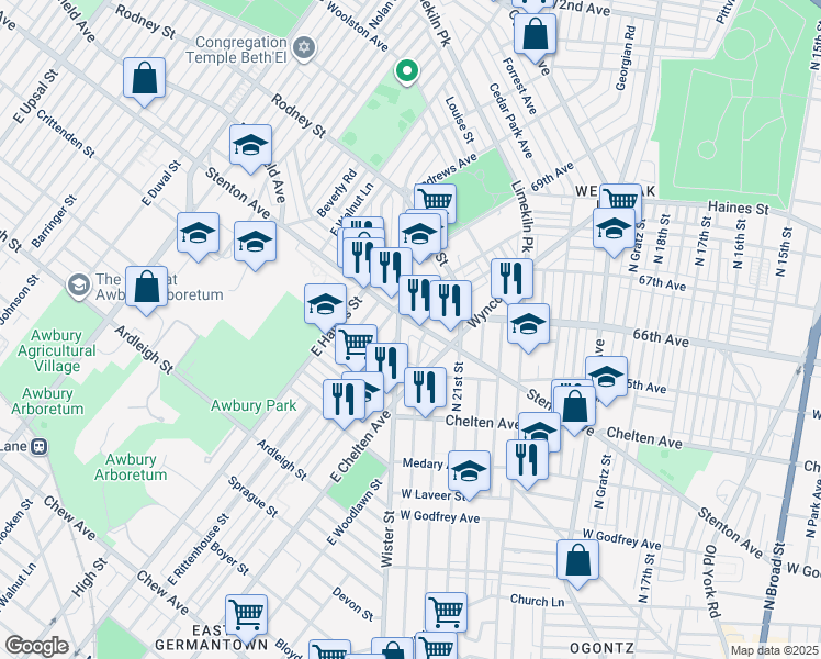 map of restaurants, bars, coffee shops, grocery stores, and more near 2152 Stenton Avenue in Philadelphia