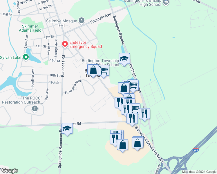 map of restaurants, bars, coffee shops, grocery stores, and more near 1809 Mount Holly Road in Burlington