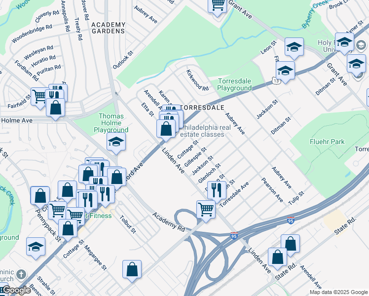 map of restaurants, bars, coffee shops, grocery stores, and more near 9230 Cottage Street in Philadelphia
