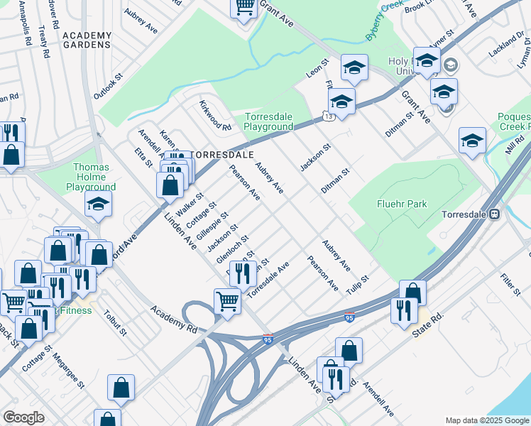 map of restaurants, bars, coffee shops, grocery stores, and more near 4520 Pearson Avenue in Philadelphia