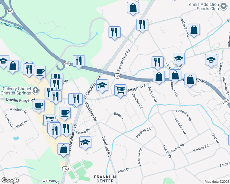 map of restaurants, bars, coffee shops, grocery stores, and more near 103 South Village Avenue in Exton
