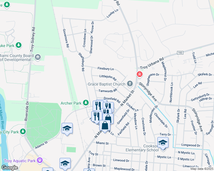 map of restaurants, bars, coffee shops, grocery stores, and more near 148 Merry Robin Road in Troy