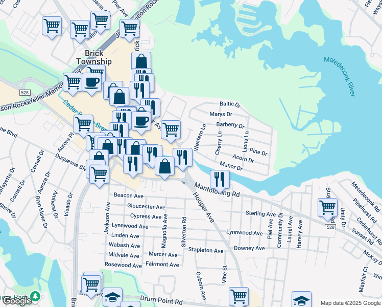map of restaurants, bars, coffee shops, grocery stores, and more near 701 Manor Drive in Brick Township
