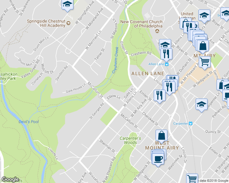 map of restaurants, bars, coffee shops, grocery stores, and more near 7315 Elbow Lane in Philadelphia