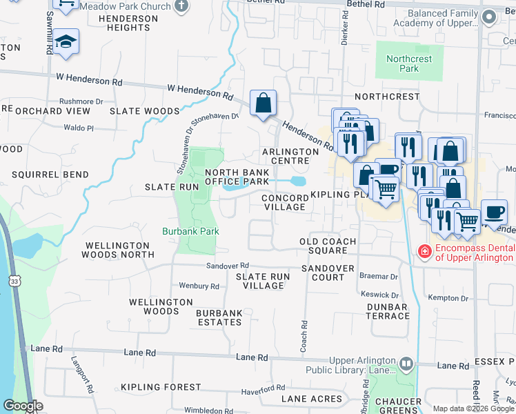 map of restaurants, bars, coffee shops, grocery stores, and more near 2255 Atlee Court in Upper Arlington