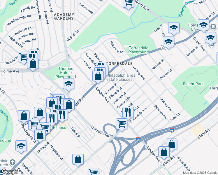 map of restaurants, bars, coffee shops, grocery stores, and more near 9230 Cottage Street in Philadelphia