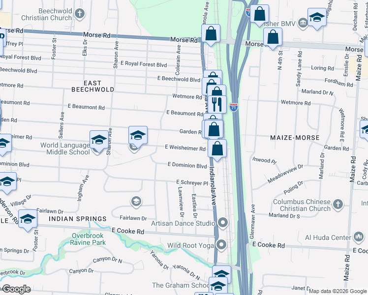 map of restaurants, bars, coffee shops, grocery stores, and more near 649 East Weisheimer Road in Columbus