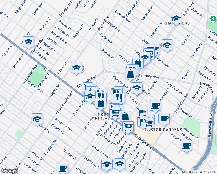 map of restaurants, bars, coffee shops, grocery stores, and more near 7405 Belden Street in Philadelphia