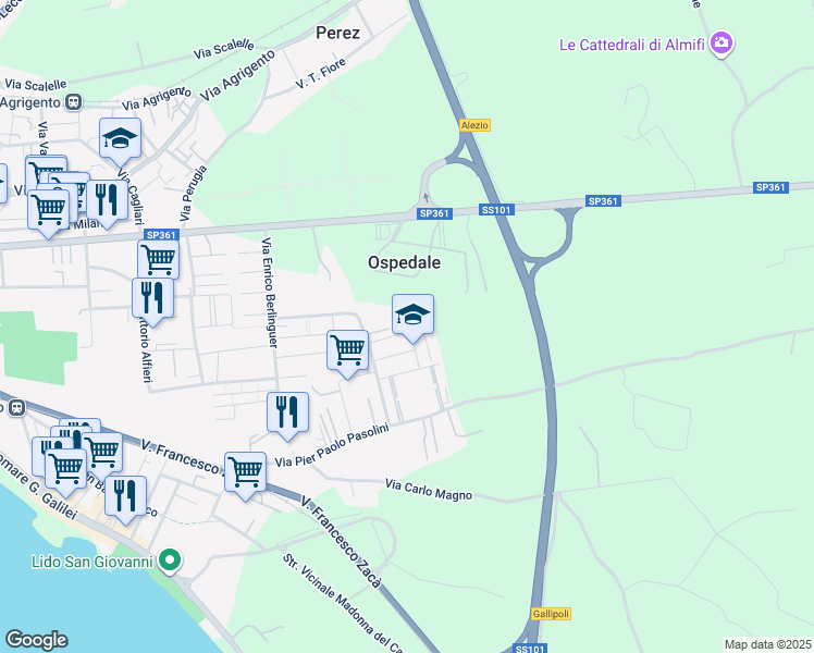 map of restaurants, bars, coffee shops, grocery stores, and more near 35 Via Eugenio Montale in Gallipoli