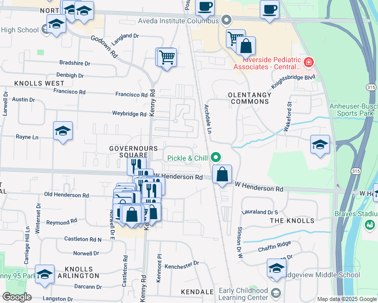 map of restaurants, bars, coffee shops, grocery stores, and more near 4655 Merrimar Circle East in Columbus