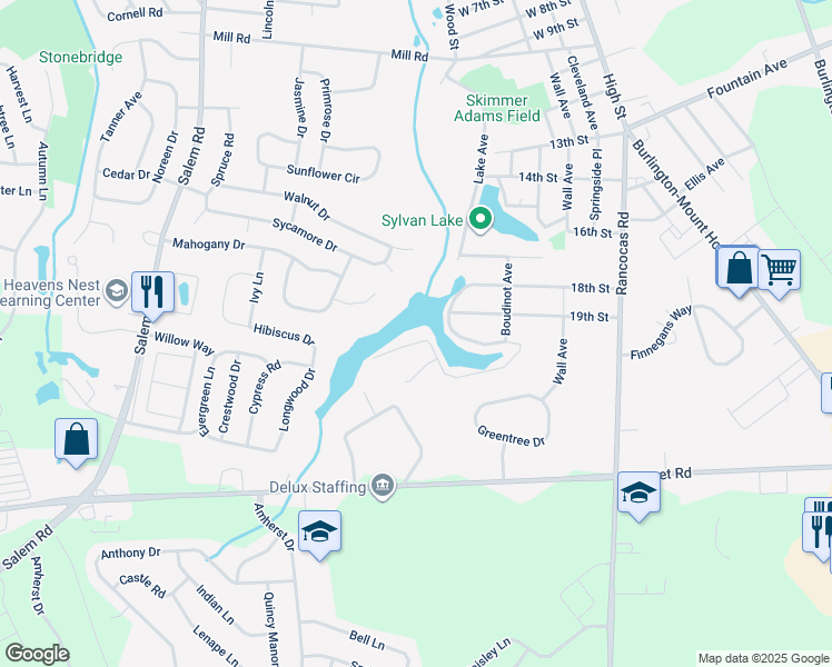 map of restaurants, bars, coffee shops, grocery stores, and more near in Burlington Township