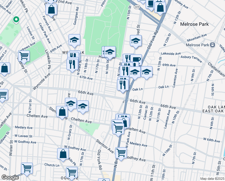 map of restaurants, bars, coffee shops, grocery stores, and more near 1513 Orland Street in Philadelphia