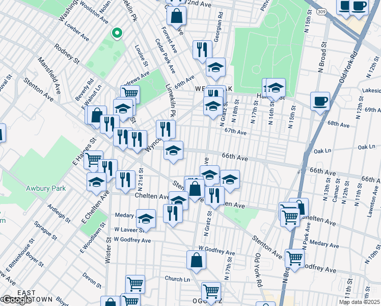 map of restaurants, bars, coffee shops, grocery stores, and more near 6563 N 20th St in Philadelphia