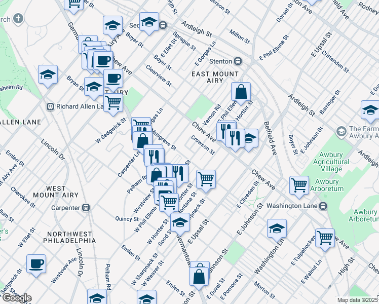 map of restaurants, bars, coffee shops, grocery stores, and more near 6716 Bass Street in Philadelphia