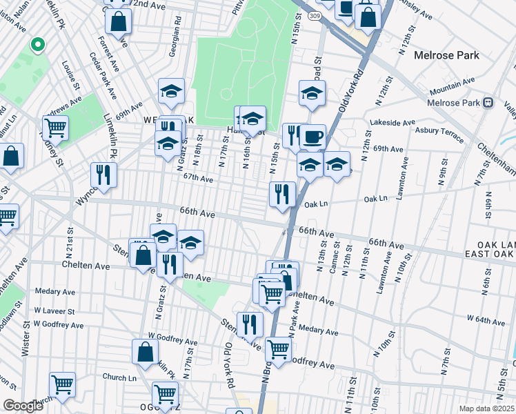 map of restaurants, bars, coffee shops, grocery stores, and more near 1513 Orland Street in Philadelphia