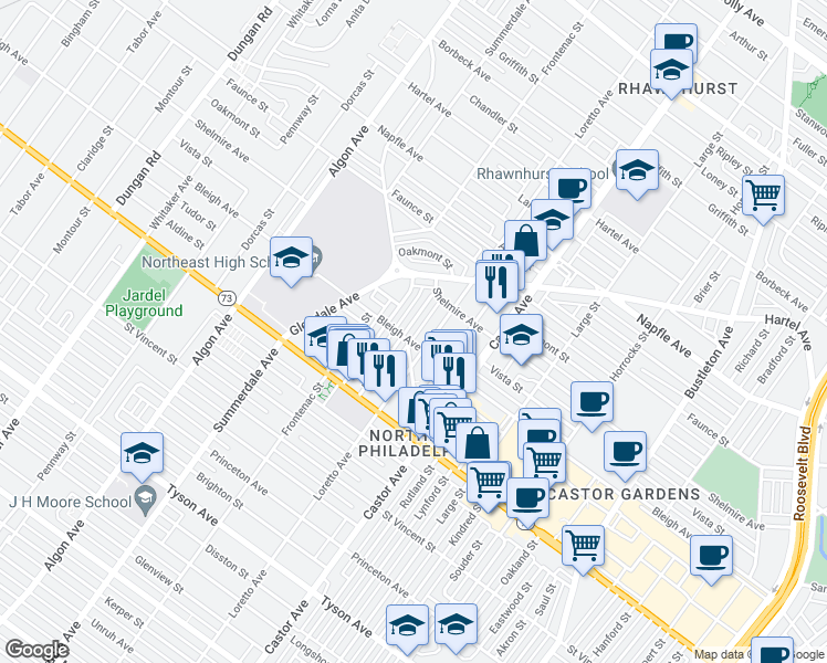 map of restaurants, bars, coffee shops, grocery stores, and more near 7405 Belden Street in Philadelphia