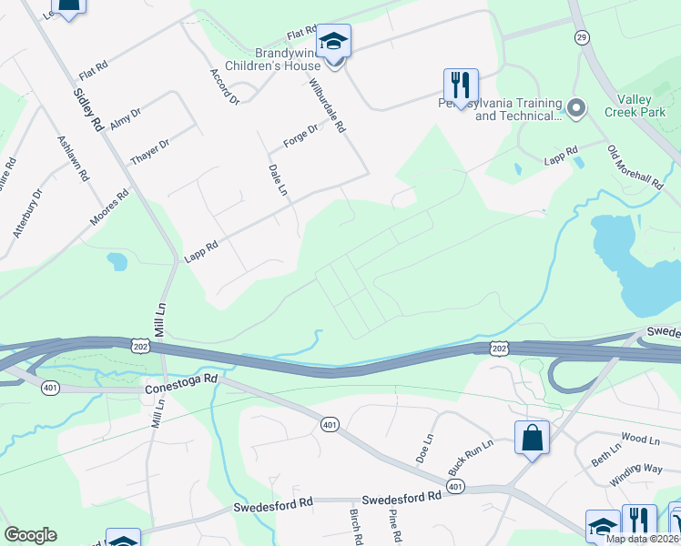 map of restaurants, bars, coffee shops, grocery stores, and more near 272 Lapp Road in Malvern