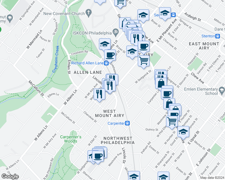 map of restaurants, bars, coffee shops, grocery stores, and more near 277 W Mt Pleasant Ave in Philadelphia