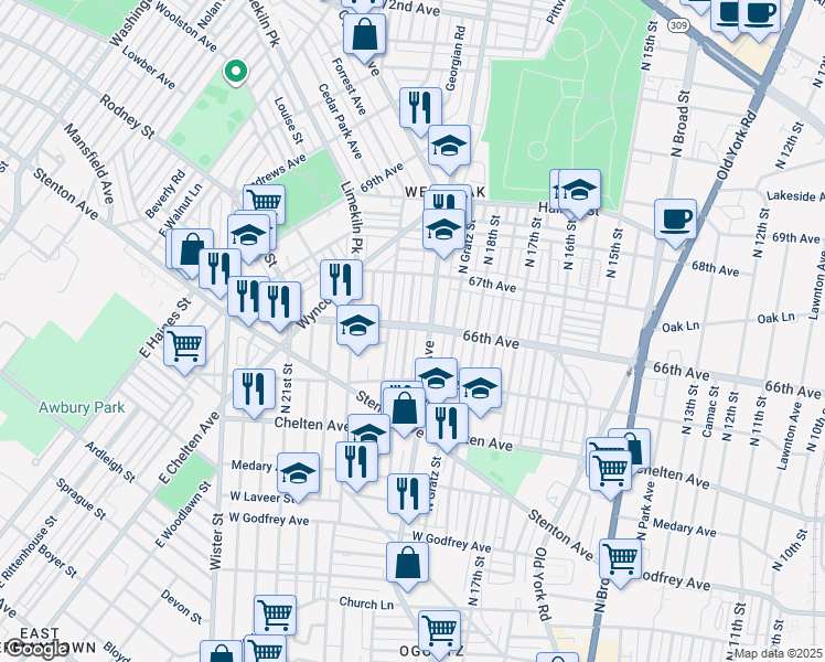 map of restaurants, bars, coffee shops, grocery stores, and more near 6555 North Uber Street in Philadelphia
