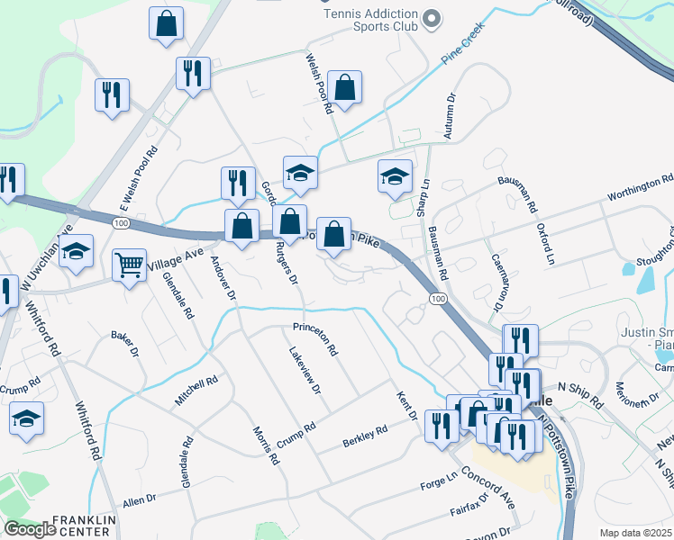 map of restaurants, bars, coffee shops, grocery stores, and more near 301 Worthington Drive in Exton