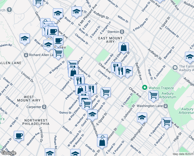 map of restaurants, bars, coffee shops, grocery stores, and more near 6716 Bass Street in Philadelphia